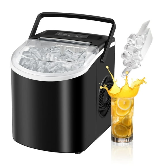 HUMSURE Countertop Ice Maker Machine with Handle, 26lbs Per Day, 9 Ice Cubes Ready in 7 Mins, Self-Cleaning Portable Ice Maker with Basket and Scoop, for Home/Party/Kitchen/Camping/RV(Black)