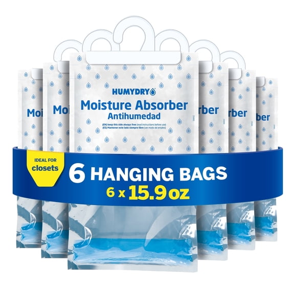 Humydry Hanging Moisture Absorber for Closets, Pack of 6 Unscented 15.9 Oz Dehumidifier Bags, Non Electric Humidity Absorbers for Wardrobes Clothes Storage Areas and Small Enclosed Spaces