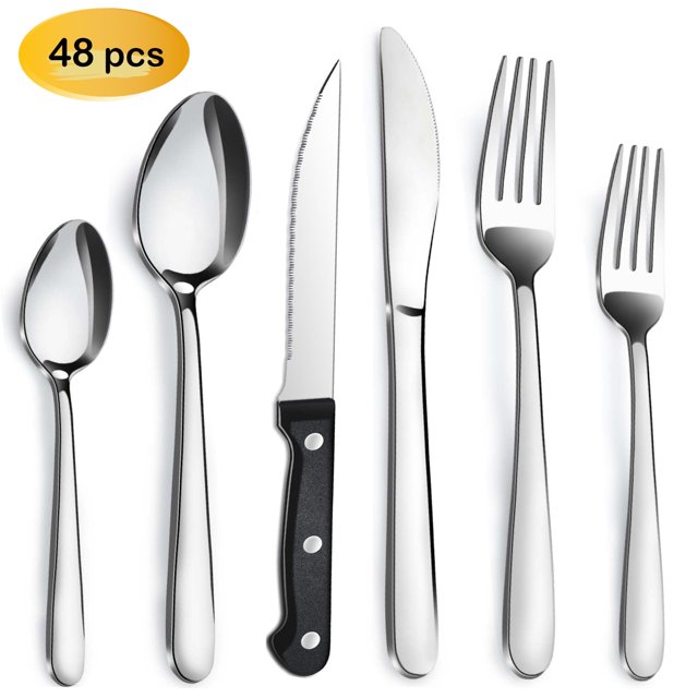 HUNNYCOOK 48 Piece Silverware Set with Steak Knives, Stainless Steel