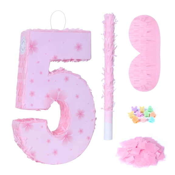 HUNTEC Pink Number 5 Piata with Pinata Stick & Blindfold for Kids Girls Boys 5th Birthday Party Decorations Carnival Games with Hair Claw Clip Gift (Number 5) Y101