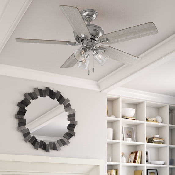 Hunter 52 inch Indoor Ceiling Fan with LED Lights and Pull Chain - Standard Mount Ceiling Fan, 5 Blades, For Bedroom, Living Room, or Kitchen, 3 inch Downrod - Rosner 51596, Brushed Nickel