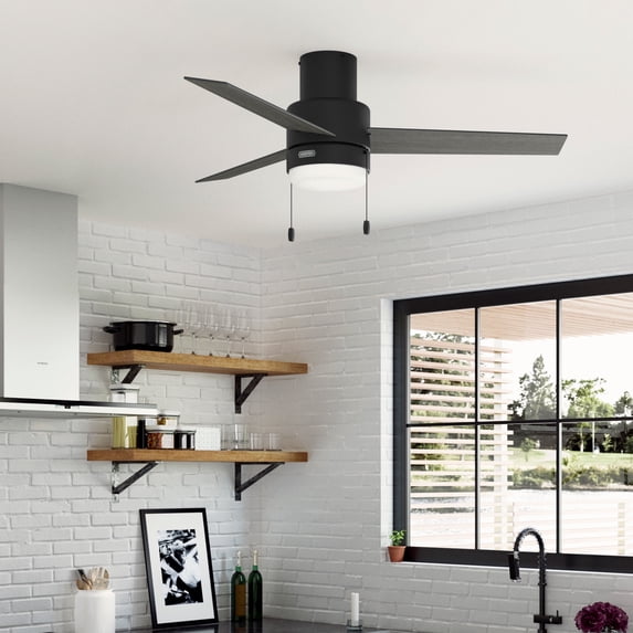 Hunter 52 inch Indoor Ceiling Fan with LED Light - Black Modern Ceiling Fan with Pull Chain, For Bedroom or Living Room, Low Profile Mount, No Remote, 3 Blades - Brunner 51949, Matte Black