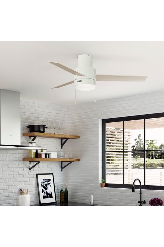 52 inch Indoor Ceiling Fan with LED Light - White Modern Ceiling Fan with Pull Chain, For Bedroom or Living Room, Low Profile Mount, No Remote, 3 Blades - Brunner 51972, Matte White