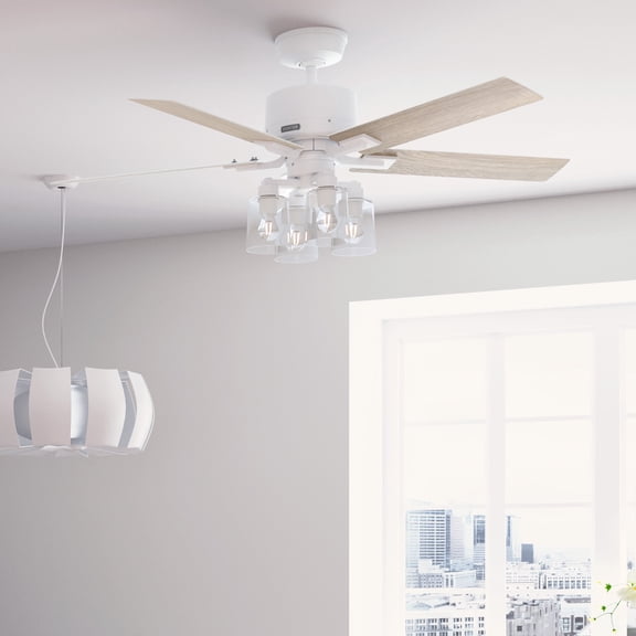 Hunter 52 inch Indoor Ceiling Fan with LED Lights and Remote Control - White Smart Ceiling Fan, Standard Mount, 5 Blades, For Bedroom, Living Room, or Kitchen, Quiet - Techne 52312, Matte White