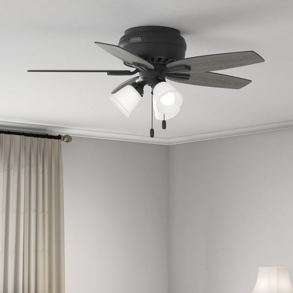 Hunter 42 inch Indoor Ceiling Fan with LED Lights - Black Ceiling Fan with Pull Chain, For Bedroom or Living Room, Low Profile Mount, No Remote, 5 Blades, Includes Bulbs - Newsome 52393, Matte Black