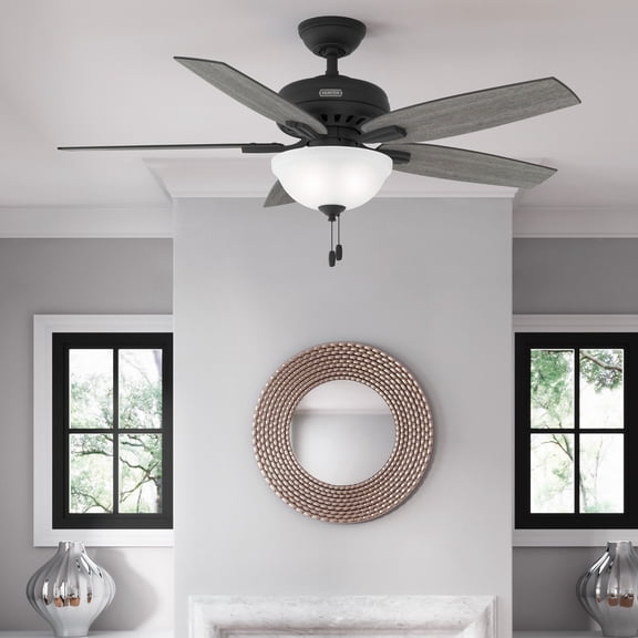 Hunter 52 inch Indoor Ceiling Fan with LED Light - Black Ceiling Fan with Pull Chain, For Bedroom or Living Room, Standard Mount, No Remote, 5 Blades, Includes Bulbs - Newsome 52395, Matte Black