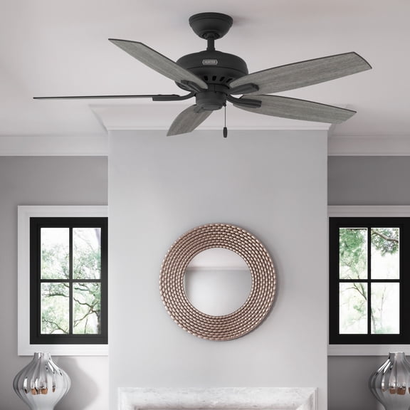 Hunter 52 inch Indoor Ceiling Fan No Light with Pull Chain - Black Ceiling Fan without Light, Standard Mount, 5 Blades, For Bedroom, Living Room, or Kitchen, Quiet - Newsome 52397, Matte Black