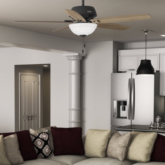 Hunter 60 inch Indoor Ceiling Fan with LED Light - Black Ceiling Fan with Pull Chain, For Bedroom or Living Room, Standard Mount, No Remote, 5 Blades, Includes Bulbs - Reveille 52400, Matte Black