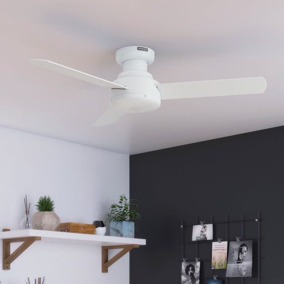 Hunter 44 inch Indoor Ceiling Fan No Light - White Modern Ceiling Fan without Light, 3 Blades, Low Profile Mount, For Bedroom, Living Room, or Kitchen, Wall Control - Presto 52402, Matte White
