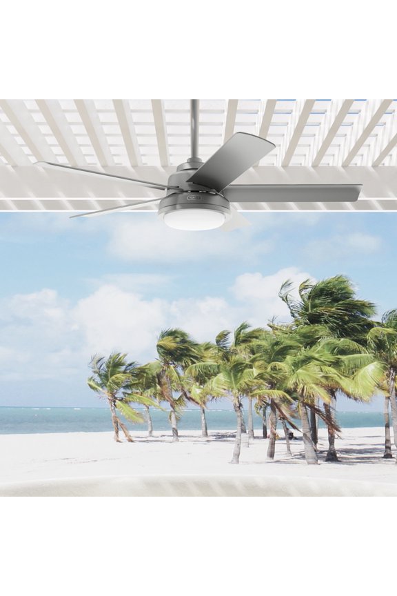 52 inch Outdoor or Indoor Ceiling Fan with LED Light and Remote Control - Standard Mount Ceiling Fan, 5 Blades, For Patio, Porch, Garage, or Living Room - Seawall 52416, Matte Silver