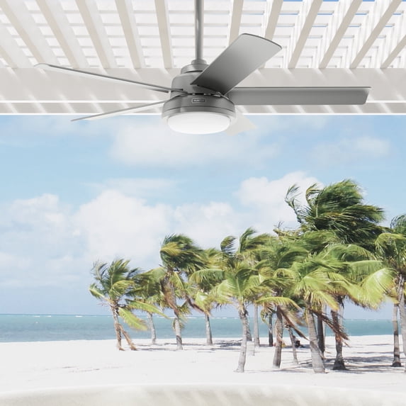 Hunter 52 inch Outdoor or Indoor Ceiling Fan with LED Light and Remote Control - Standard Mount Ceiling Fan, 5 Blades, For Patio, Porch, Garage, or Living Room - Seawall 52416, Matte Silver