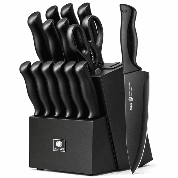 NULAS Knife Set, 15-Piece Kitchen Knife Set with Block, Self-Sharpening, Dishwasher Safe Knives & Anti-Slip Handles (Black)