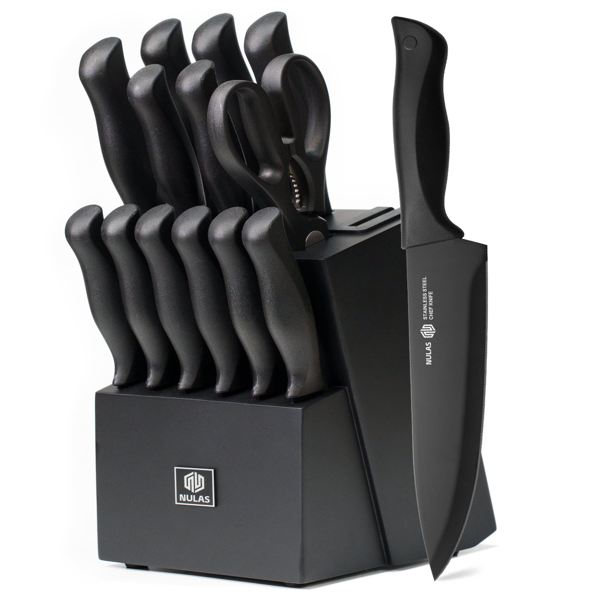 NULAS Knife Set, 15-Piece Kitchen Knife Set with Block, Self-Sharpening, Dishwasher Safe Knives & Anti-Slip Handles (Black)