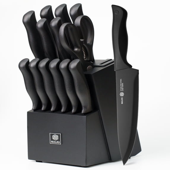 NULAS Knife Set, 15-Piece Kitchen Knife Set with Block, Self-Sharpening, Dishwasher Safe Knives & Anti-Slip Handles (Black)