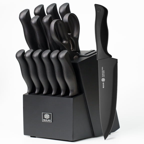 NULAS Knife Set, 15-Piece Kitchen Knife Set with Block, Self-Sharpening, Dishwasher Safe Knives & Anti-Slip Handles (Black)
