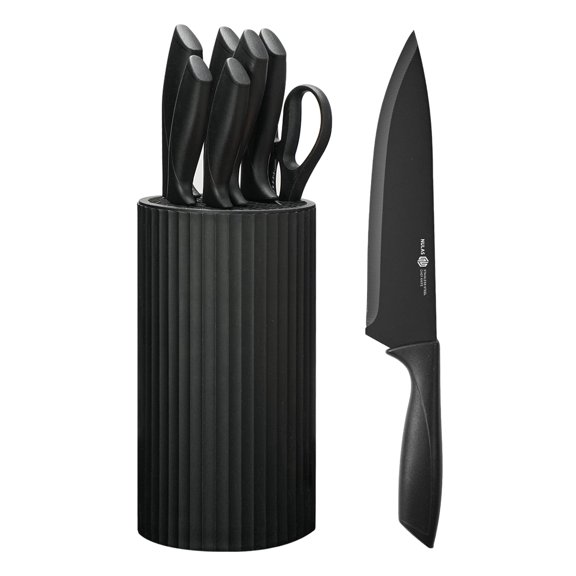 NULAS 8-Piece Kitchen Knife Set with Block for Chef, Stainless Steel Sharp Knives, Anti-Rust, Ergonomic Handle - Black
