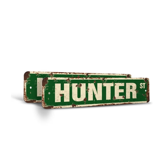 HUNTER Vintage Style Rustic Street Sign – (2 Pack) Childrens Name Room Sign Retro Decorative Wall Sign for Home, Bar, Garage, or Outdoor Use | 4" X 18" Aluminum Metal Road Sign