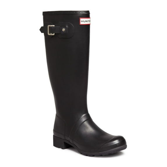 HUNTER Womens Black Foldable Comfort Logo Buckle Accent Removable Insole Tour Round Toe Block Heel Rain Boots 9