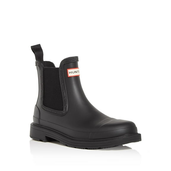 HUNTER Womens Black Pull Tab Goring Logo Commando Round Toe Block Heel Rain Boots 5