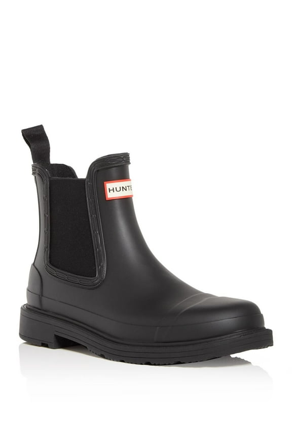 Womens Black Pull Tab Goring Logo Commando Round Toe Block Heel Rain Boots 5