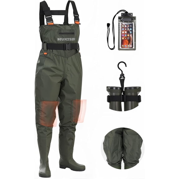 HUNTSEN Fishing Waders for Men Women - 2-Ply Nylon/PVC Waterproof Bootfoot Chest Waders for Hunting with Boot Hanger & Waterproof Phone Case & Reinforced Neoprene Knees Green Size M11