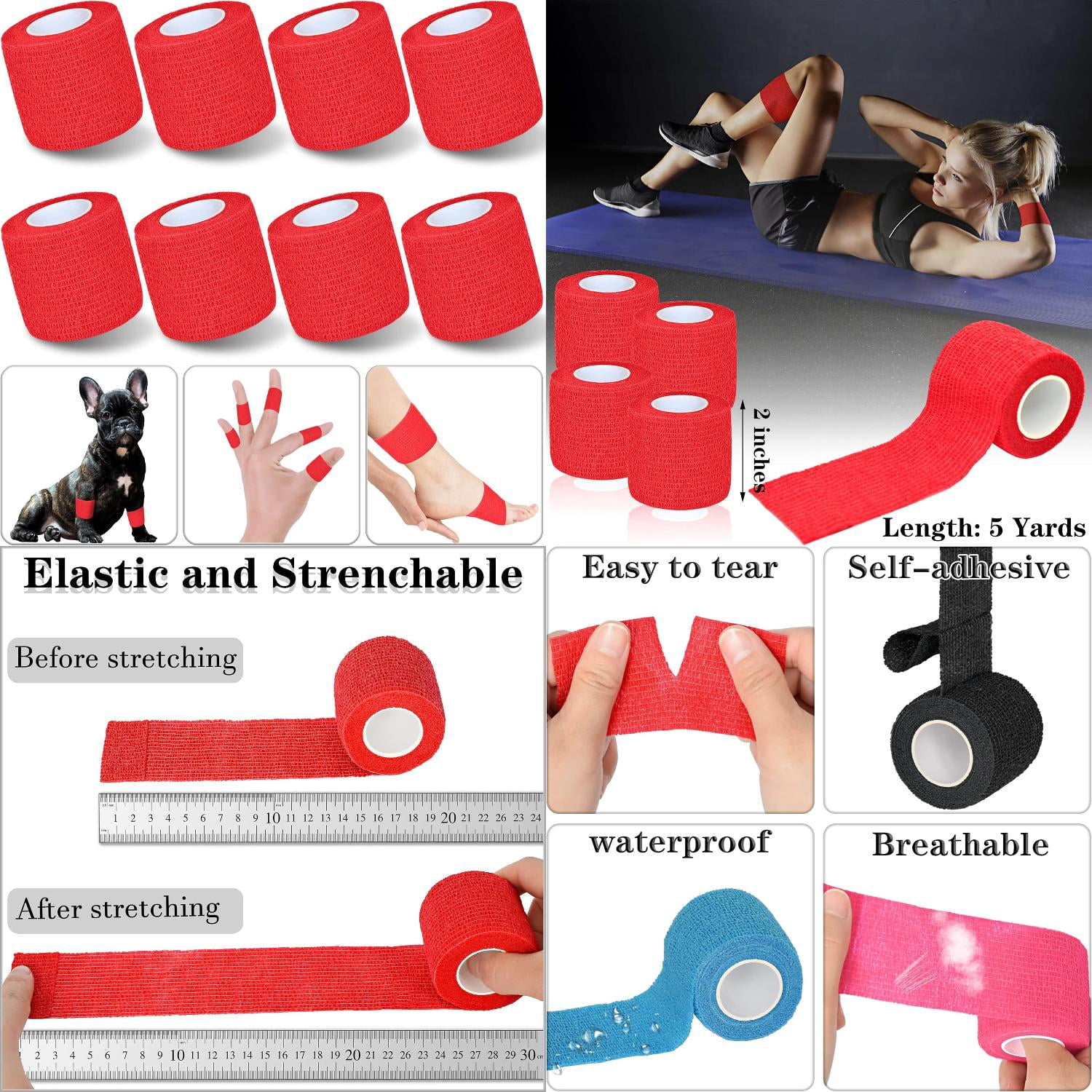Picture of HUNXIAEI Elastic Self Adherent Wrap Variety Pack - 8 Rolls of 2 inch x ...