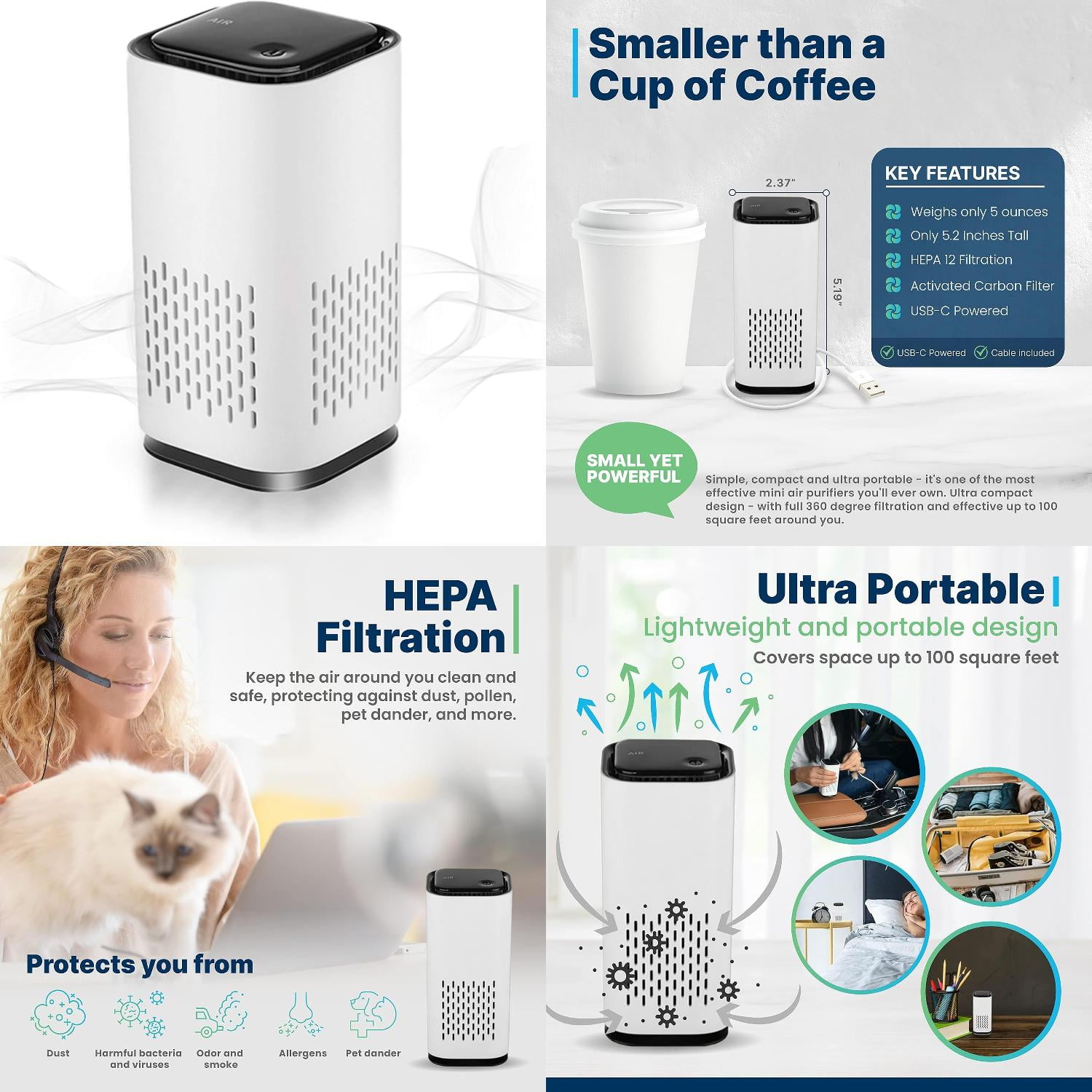 HUNXIAEI Ultra Portable KIKI PURE A1 Mini HEPA USBC Powered Air Purifier. Perfect for Travel In