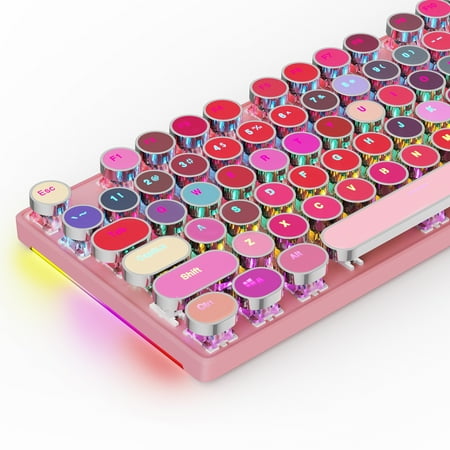 HUO JI Typewriter Wired Gaming Keyboard with RGB Backlight, Cute Pink