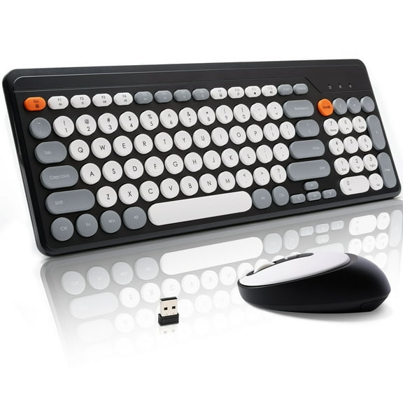 HUO JI Wireless Keyboard and Mouse Combos,USB 2.4GHz Receiver Plug and Play, Mixed Color Round Keycaps Retro Office Keyboards, for Windows, Mac, PC, Laptop, Desktop.(Black Grey)