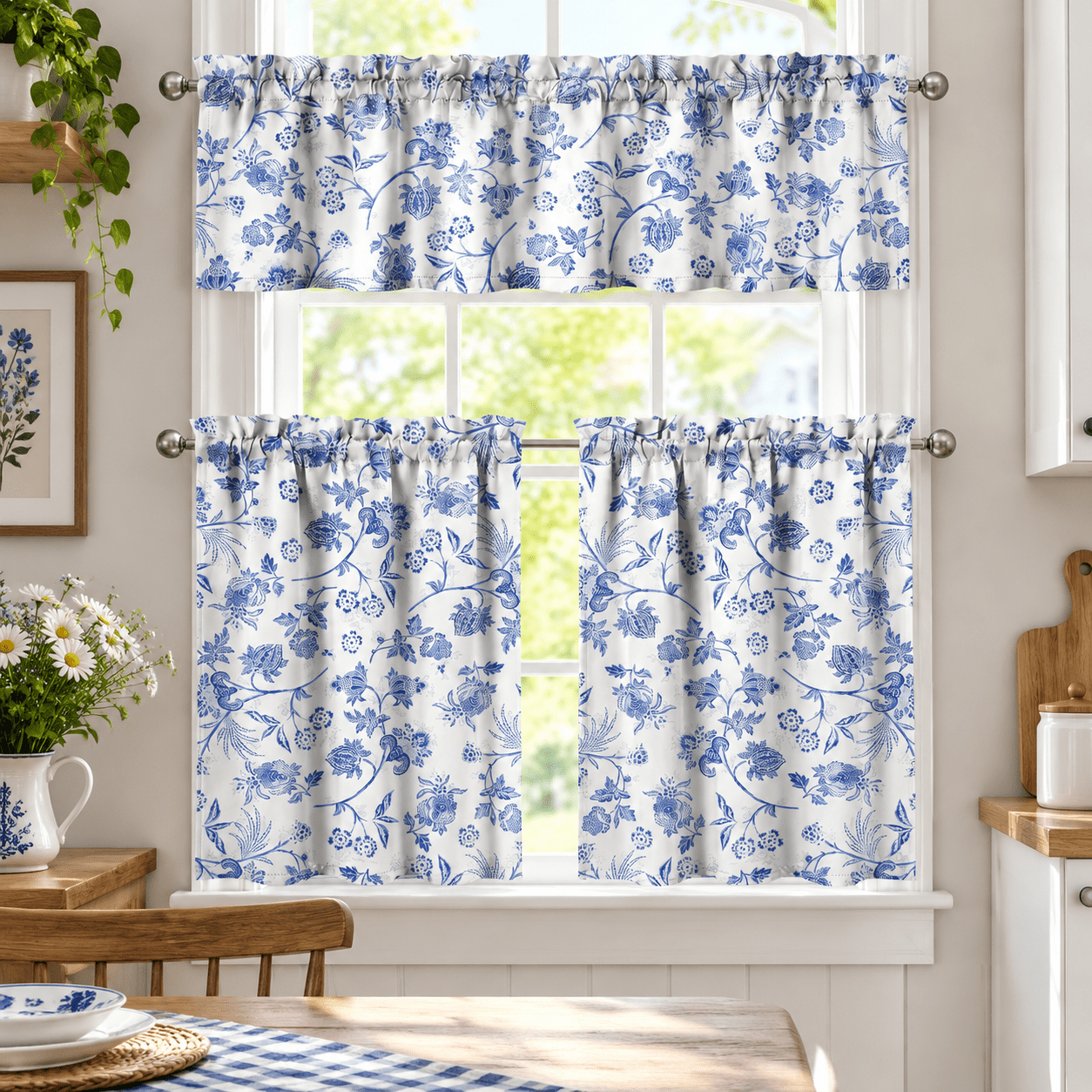 HUO Songmiao French Farmhouse Blue and White Floral Curtain Valance Set ...