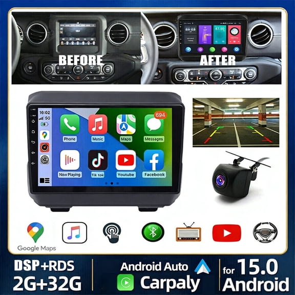 HUOEPU Car Stereo Radio for Jeep Wrangler JL 2018-2019 9 inch Android 15 Touchscreen with Wireless CarPlay and Android Auto GPS Bluetooth FM SWC 2+32G