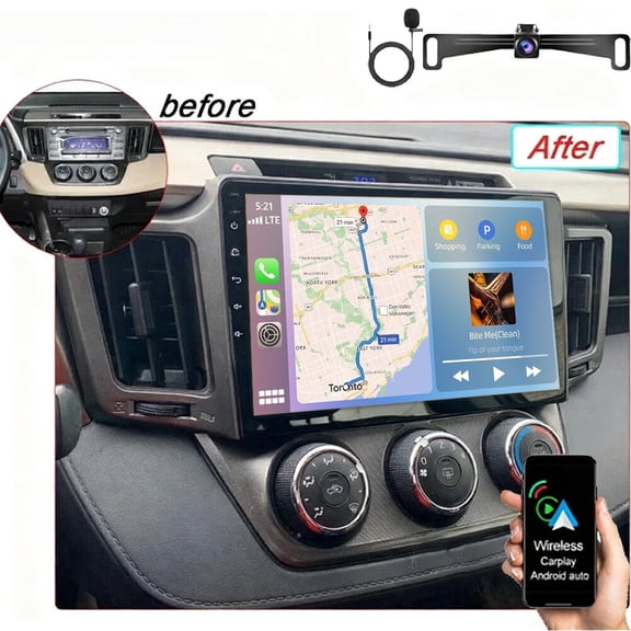 HUOEPU Car Stereo Radio for Toyota RAV4 2013-2018,Wireless Carplay and Android Auto GPS Navigation,10 inch Touchscreen Bluetooth RDS FM SWC,4+64G