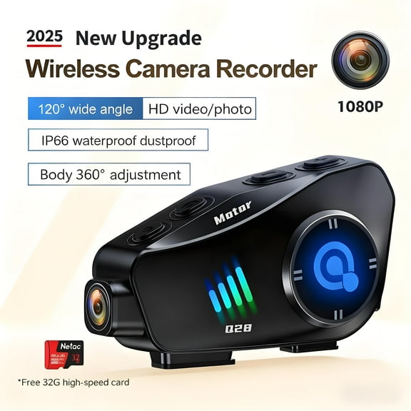 HUOEPU Motorcycle IP66 Waterproof Helmet Camera with Bluetooth Headset ,1080P HD Helmet Video Recorder 120 Wide Angle Long Life with 32GB SD Card