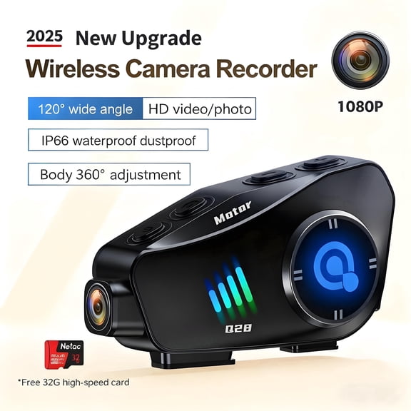 HUOEPU Motorcycle IP66 Waterproof Helmet Camera with Bluetooth Headset ,1080P HD Helmet Video Recorder 120 Wide Angle Long Life with 32GB SD Card