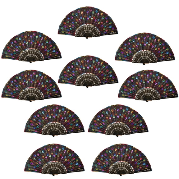 HUONA 10 Pieces Foldable Fans Handheld Sequin Fans Vintage Style Hand Held Folding Fans for Party Wedding Decoration Dance Fans Multicolor
