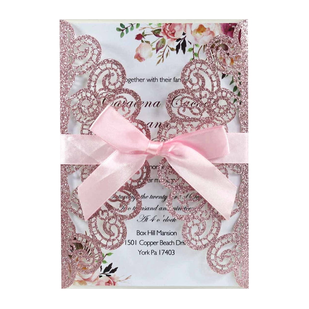 Hosmsua 50-Pack Black Glitter Wedding Invitation Pockets & Envelopes - Laser Cut Lace Design, 5.12x7.2"