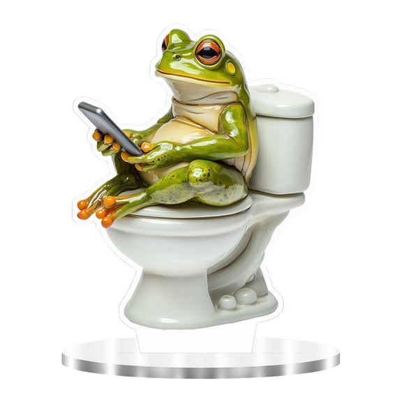 HUONA 2D Acrylic Table Ornament Frog Sit on the Toilet Desktop Decoration Home Decor Craft Table Centerpiece with Base
