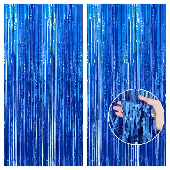HUONA 2Pcs Fringe Curtain Decoration Party Decorative Fringe Backdrop Curtain Shiny Ribbon Strip Background Curtain for Christmas Halloween Birthday Dance and Wedding Photos Props Blue