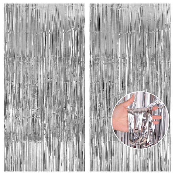 HUONA 2Pcs Fringe Curtain Decoration Party Decorative Fringe Backdrop Curtain Shiny Ribbon Strip Background Curtain for Christmas Halloween Birthday Dance and Wedding Photos Props Silver