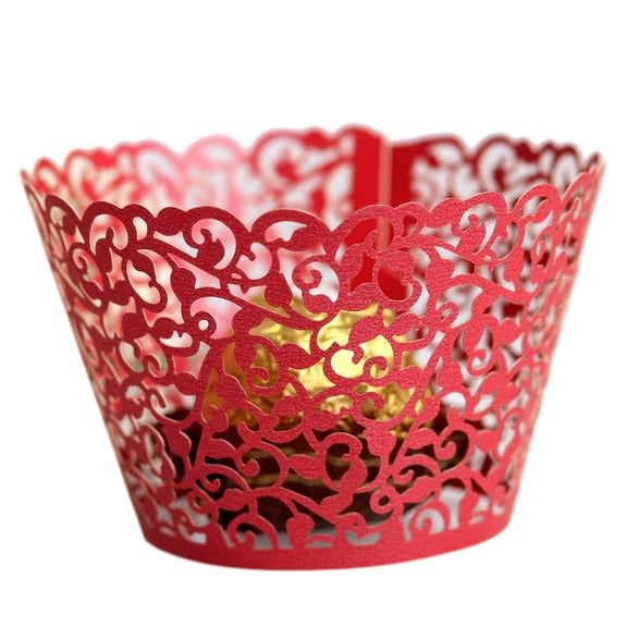 HUONA 50PCS Cupcake Wrappers Artistic Bake Cake Paper Hollow-out Little Vine Baking Cup Wraps Muffin Case Trays for Wedding Party Birthday Decoration Red