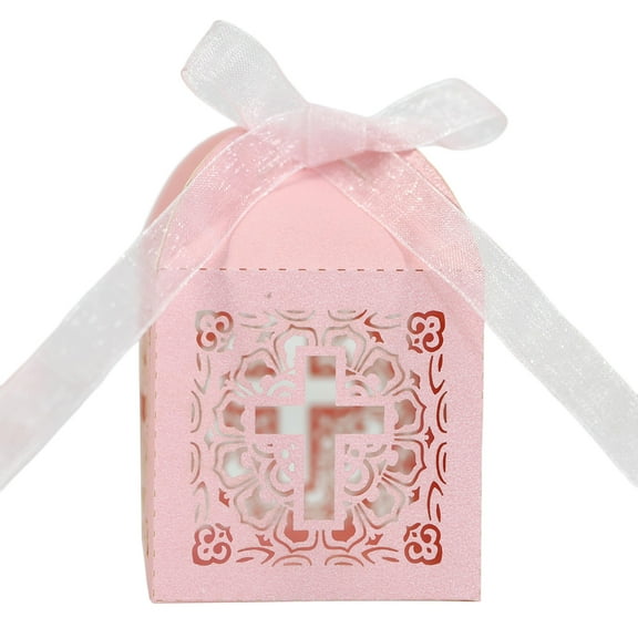 HUONA 50Pcs Candy Boxes with Ribbons Hollow Out Cross Candy Box Foldable Gift Boxes Wedding Candy Paper Boxes for Chocolate Gift Snack Wedding Birthday Decoration Pink