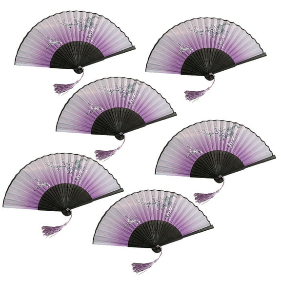 HUONA 6 Pieces Foldable Fans Handheld Silk Bamboo Fans Vintage Style Hand Held Folding Fans for Party Wedding Decoration Dance Fans Type 9