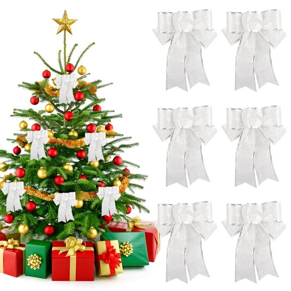 HUONA 6Pcs Christmas Tree Bow Ornaments Christmas Decorative Bows Ornament Bow Knot Decoration for Christmas Wreaths Trees Windows Rooms Lights Party Celebration Decoration Silver