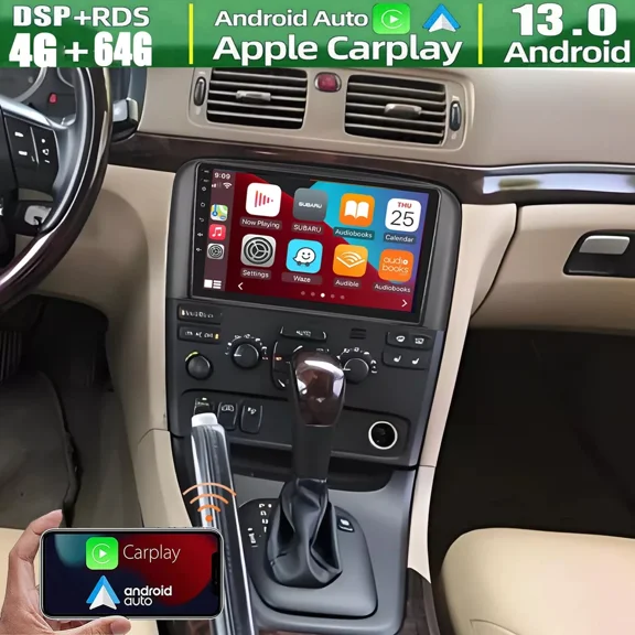 HUONA 9in Android 13 Car Stereo Radio GPS Navigation 4+64G for Volvo S80 2004-2008 Built-in Wireless Carplay Android Auto Car Radio with Bluetooth Wifi FM/RDS SWC + AHD Backup Camera