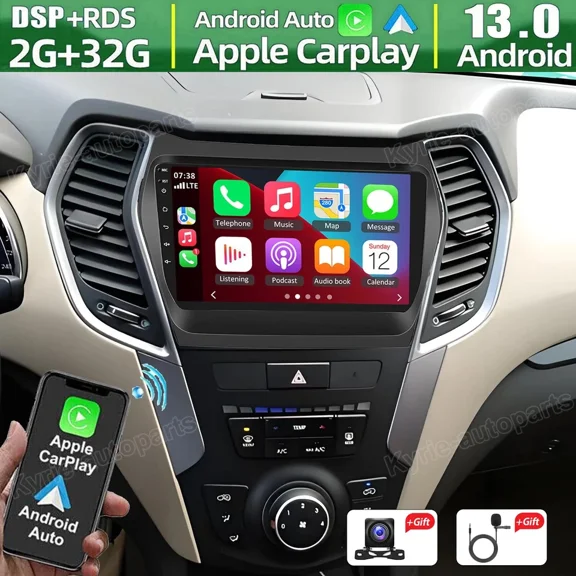 HUONA 9in Android 13 Car Stereo Radio GPS Navigation Head Unit 2+32G for Hyundai IX45 Santa Fe 2013-2018 Built-in Wireless CarPlay Android Auto Bluetooth WiFi FM/RDS SWC