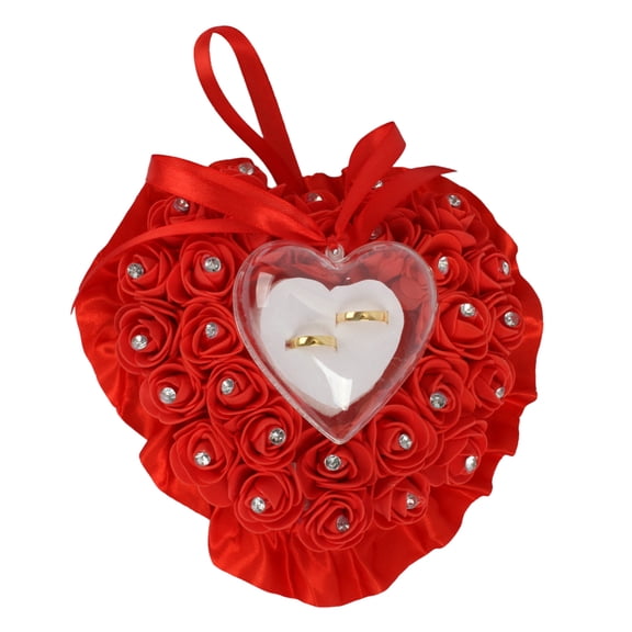 HUONA Bridal Ring Pillow Romantic and Exquisite Heart Shaped Wedding Ring Box Pillow Cushion with Ribbon Pearl Wedding Ceremony for Wedding Supplies and Gifts Red