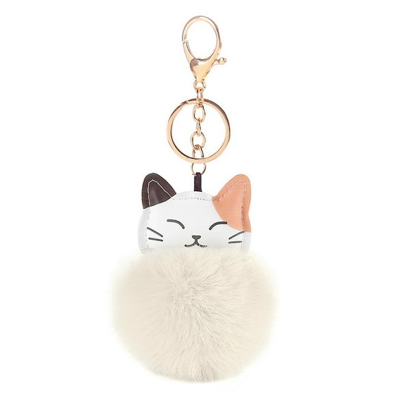 HUONA Cat Pom Pom Keychain Ladies Girl Bag Key Toy Decoration Pendant Cute Animal Cat Plush Ornament Beige White