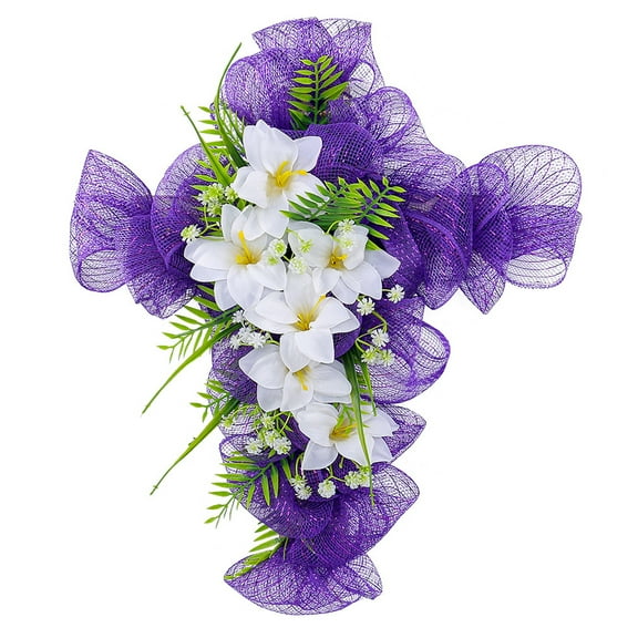 HUONA Easter Tulip Cross Wreath Spring Door Wreath Artificial Floral Arrangement for Home Embellishment Easter Front Door Pendant Purple Mesh Wreath