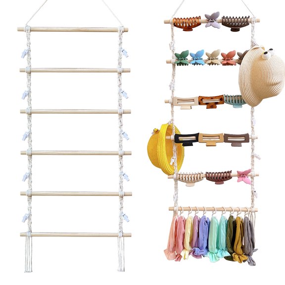 HUONA Hair Bow Holder Organizer Pine Wood Hair Accessory Organizer Bohemian-Styled Wall Rack for Kids Hairpins and Hairbands 109CMx38CM