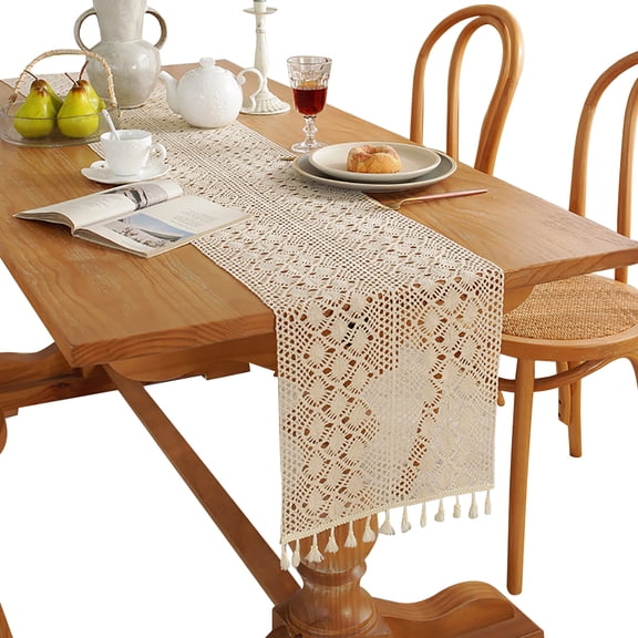 HUONA Hollow Woven Table Runner Handmade Farmhouse Tablecloth with Tassels Boho Home Table Decorations for Wedding Bridal Baby Shower Birthday Party Type 4